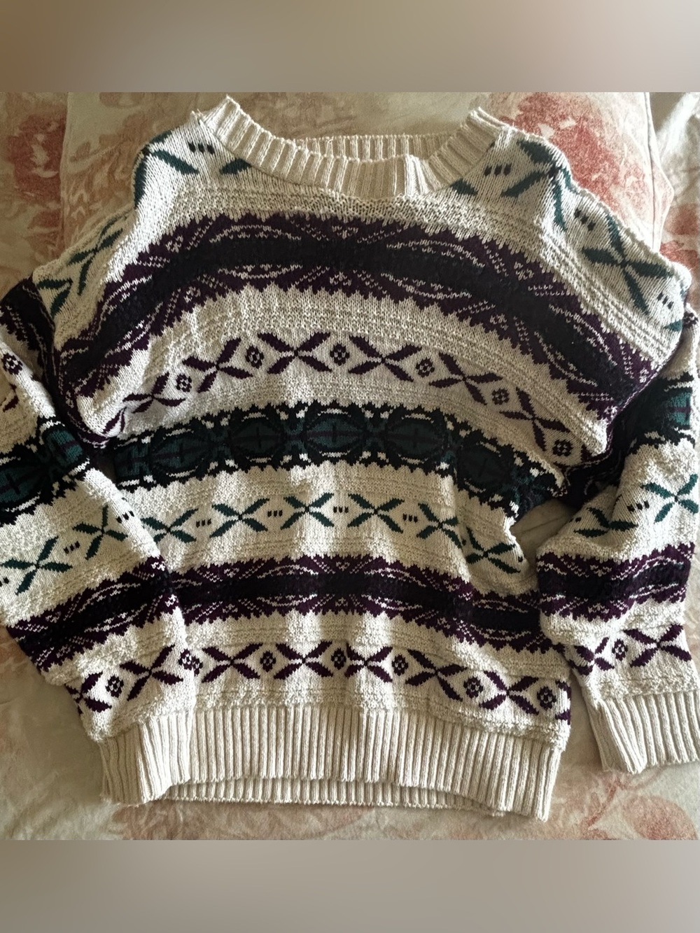 Men's Cream Crewneck Fair Isle Ski Sweater  Vintage Cotton